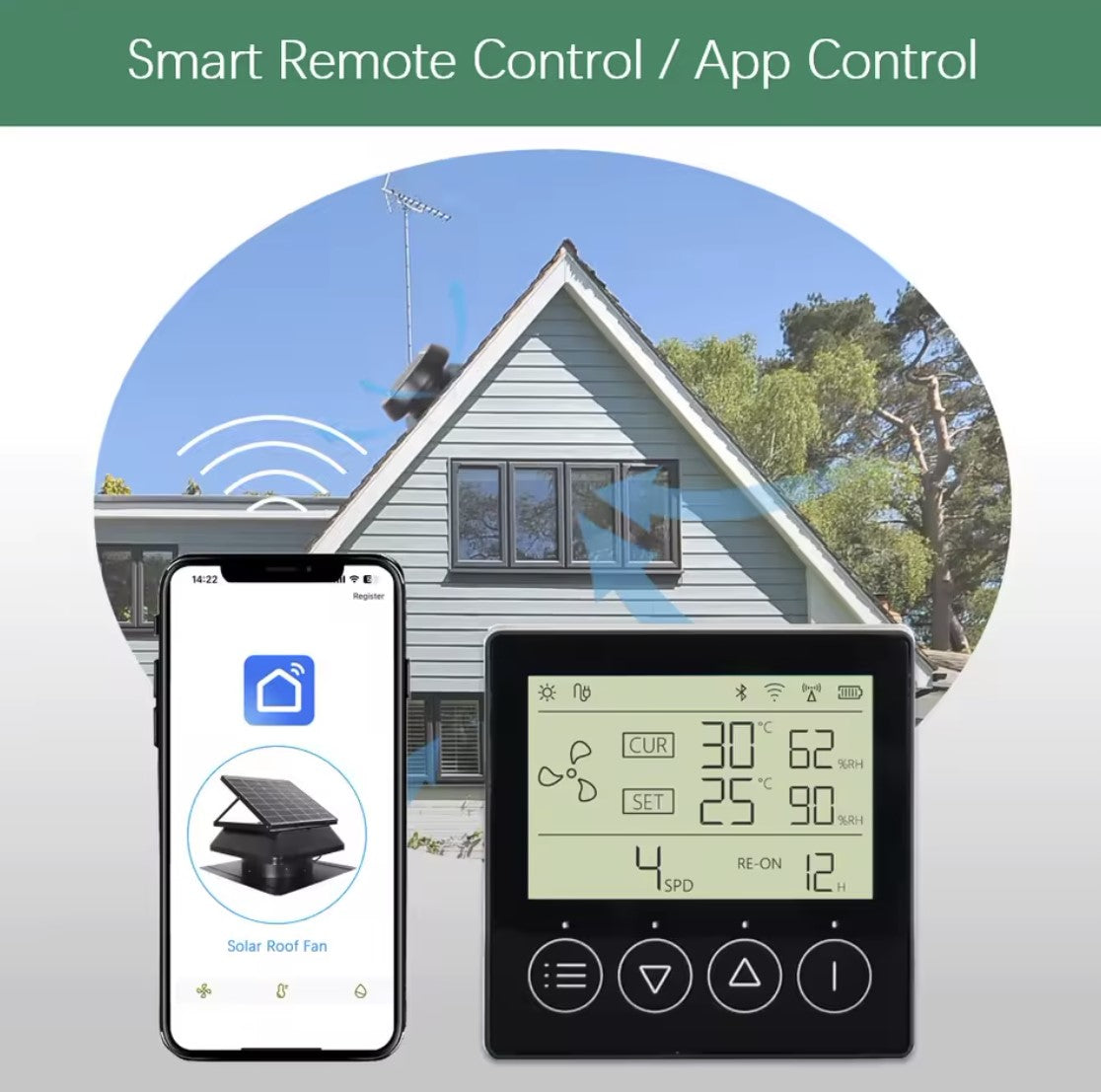Smart home control system with smartphone app and digital display in front of a house.